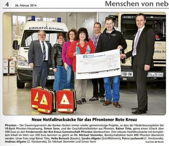 Neue Notfallrucksäcke für das Pfrontener Rote Kreuz